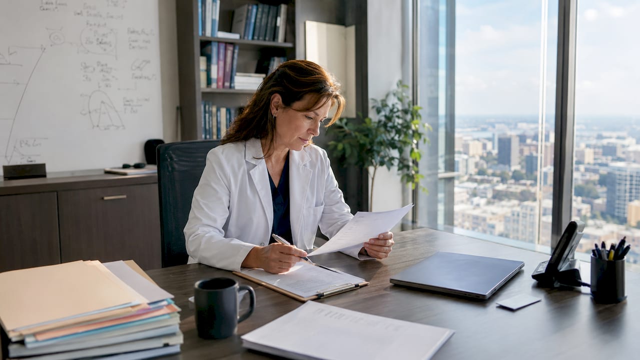 Une médecin consulte les règles relatives à l’emploi dans le secteur médical.