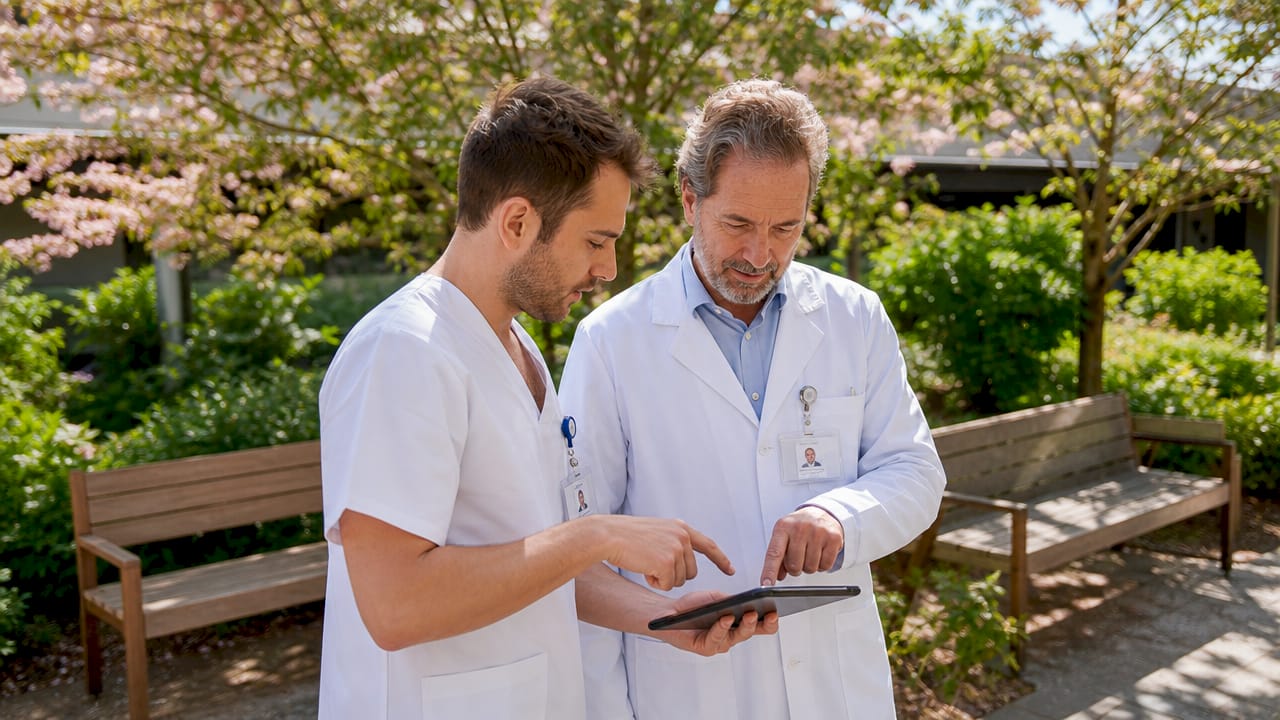 Un infirmier et un médecin échangent dans le couloir en consultant des informations sur une tablette.