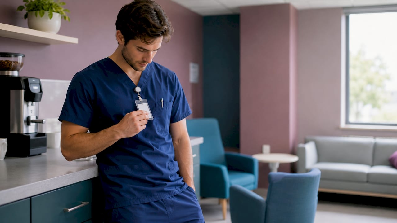 Un infirmier songeur déambule dans le couloir silencieux de l’hôpital.