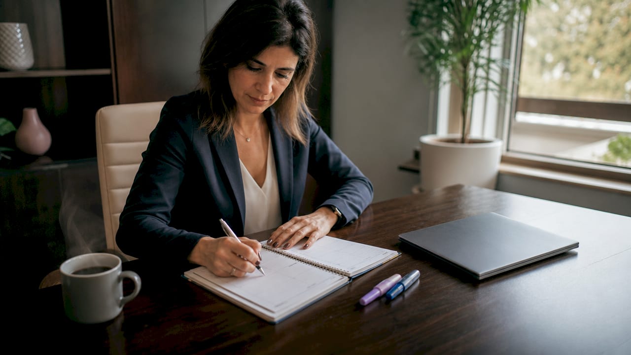Des mains prennent des notes sur un agenda, accompagnées de stylos et d'une tablette posés à côté.