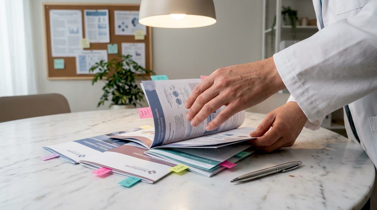 Des mains feuillettent des guides sur les différentes spécialités en soins infirmiers.