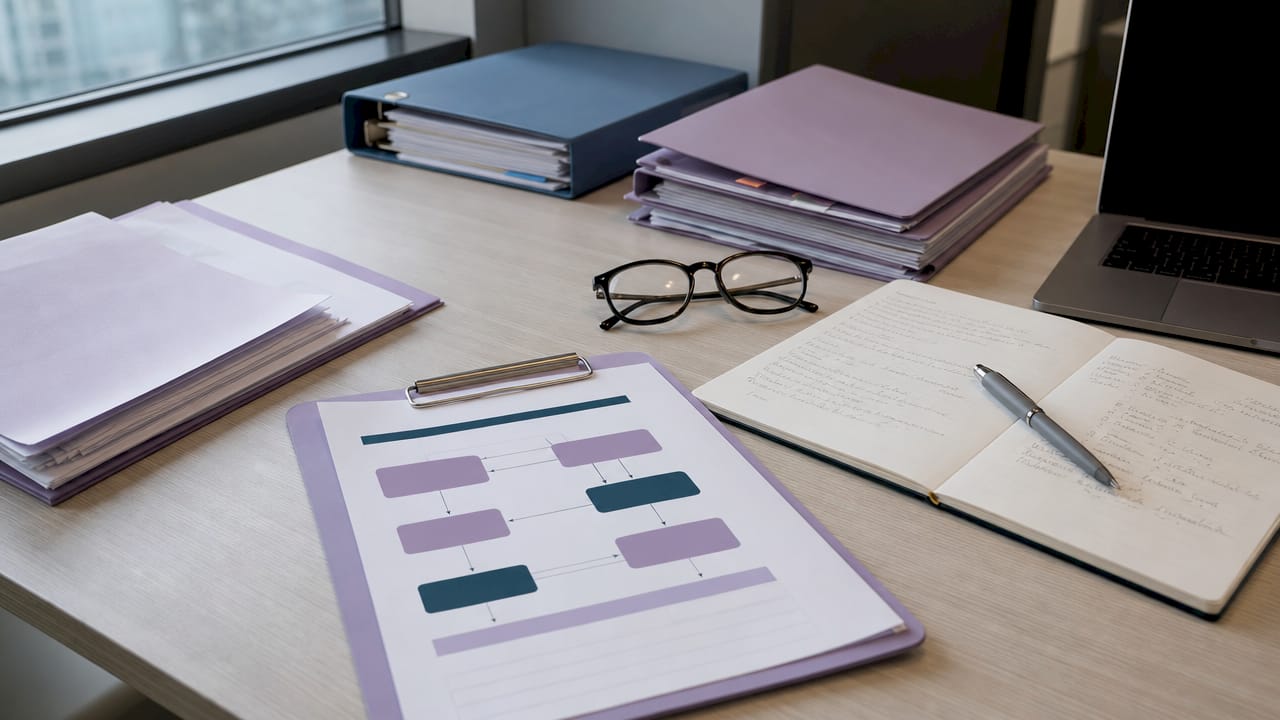 Sur un bureau, des documents médicaux liés à la délégation de tâches et une paire de lunettes posées à côté.