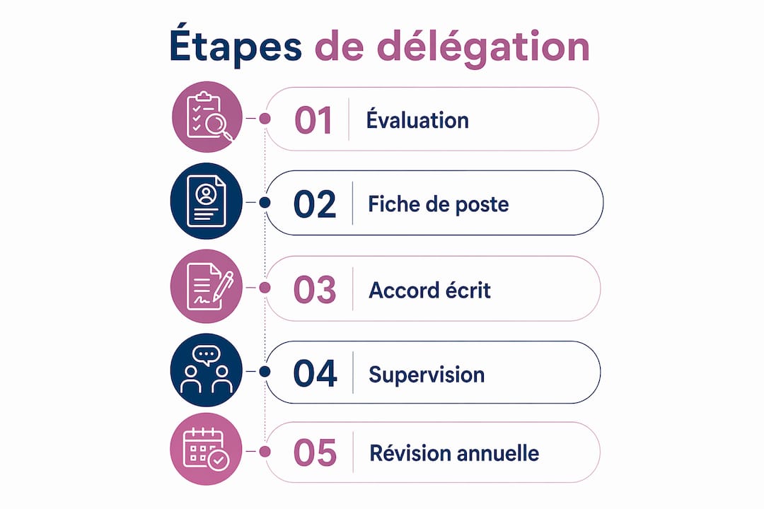 Infographie présentant les étapes clés pour déléguer une tâche médicale en toute sécurité