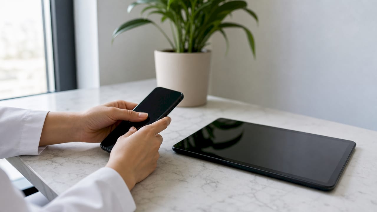 Des mains expertes manipulant un smartphone sur un bureau de travail