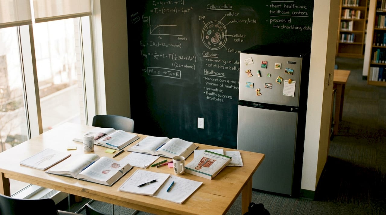 Salle de formation médicale vide, avec des supports de cours disposés sur les tables.
