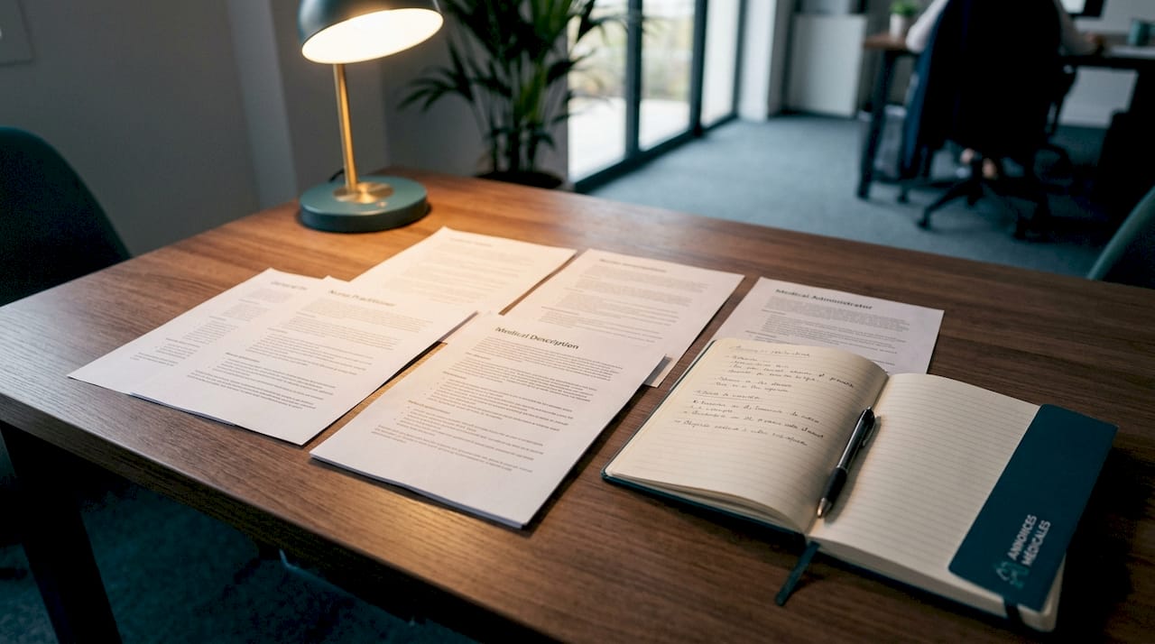 Des fiches de poste imprimées sont disposées sur la table.