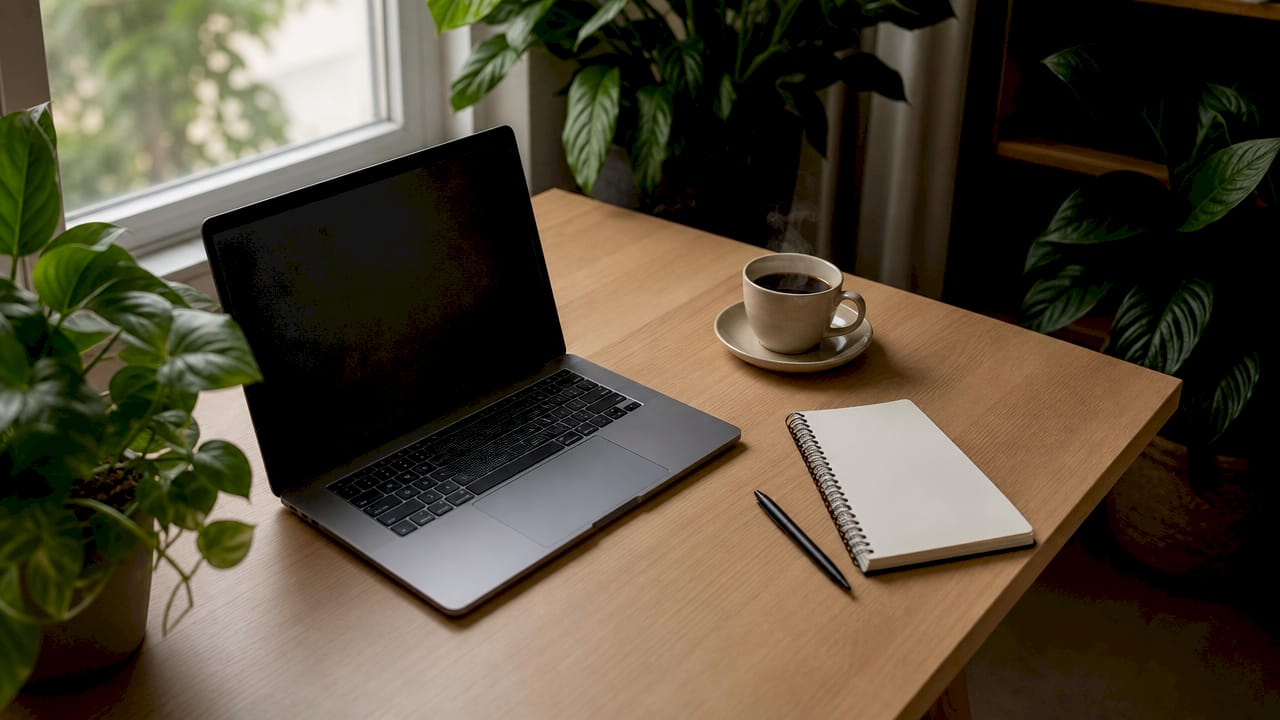 Espace de travail avec ordinateur portable et liste de points à vérifier pour rédiger un CV médical