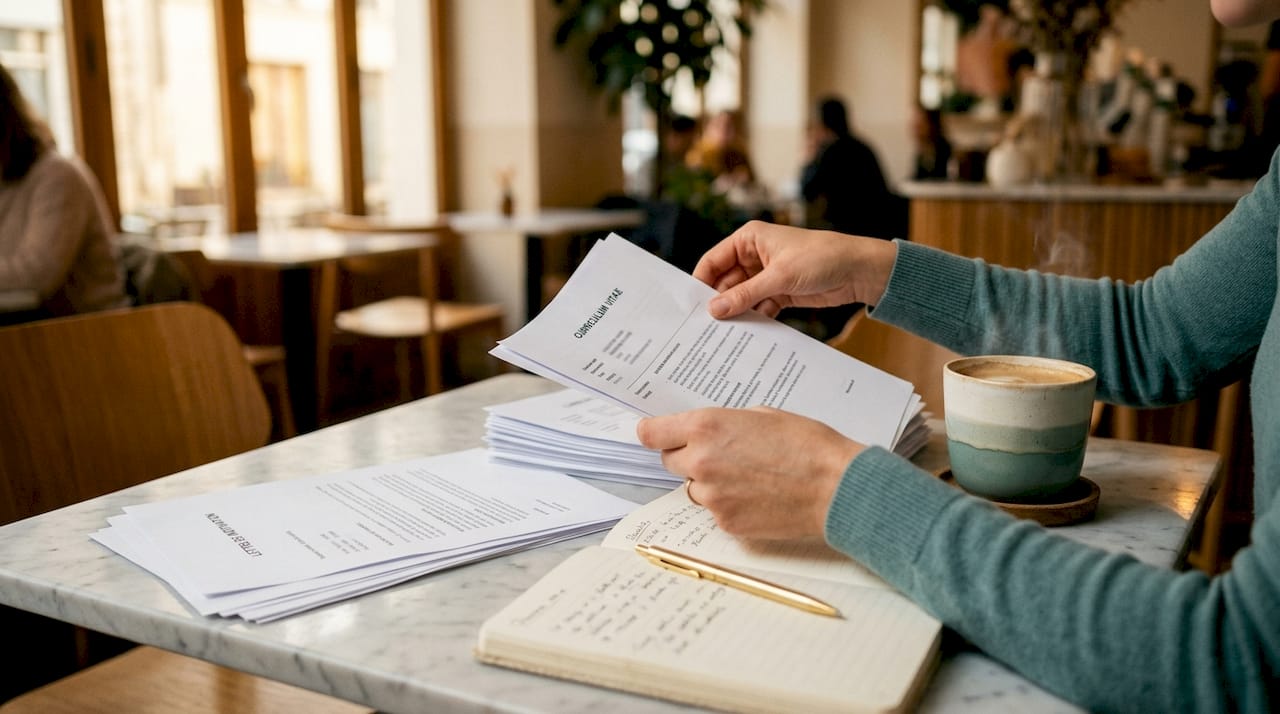 Des mains parcourent des CV pour sélectionner les candidats à embaucher.