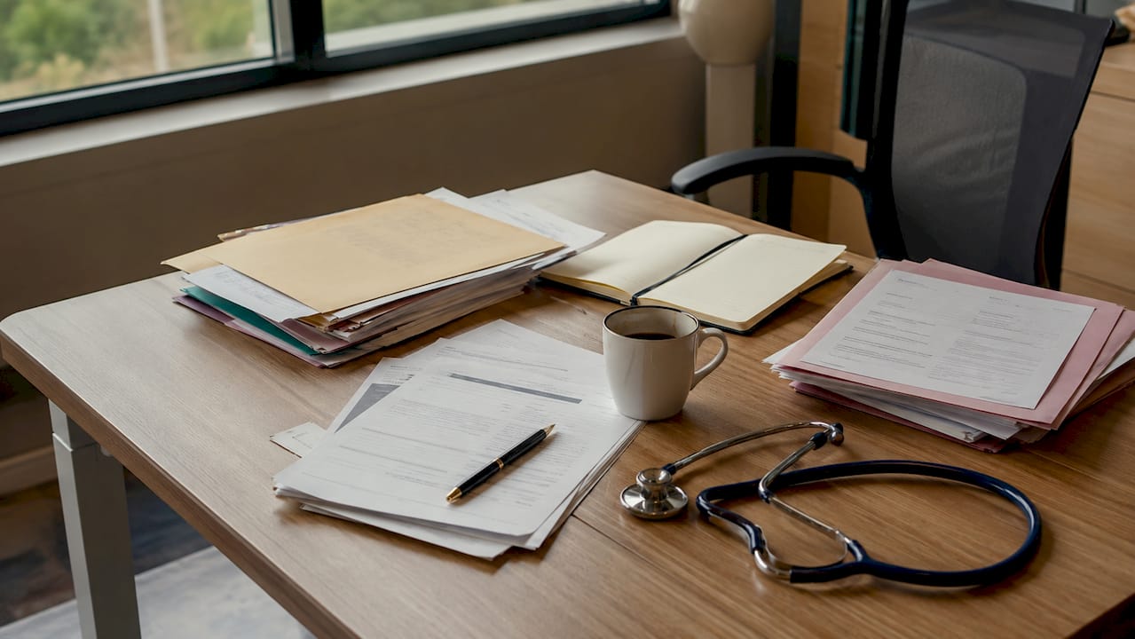 Dans un bureau administratif, des dossiers médicaux sont soigneusement disposés sur le bureau.