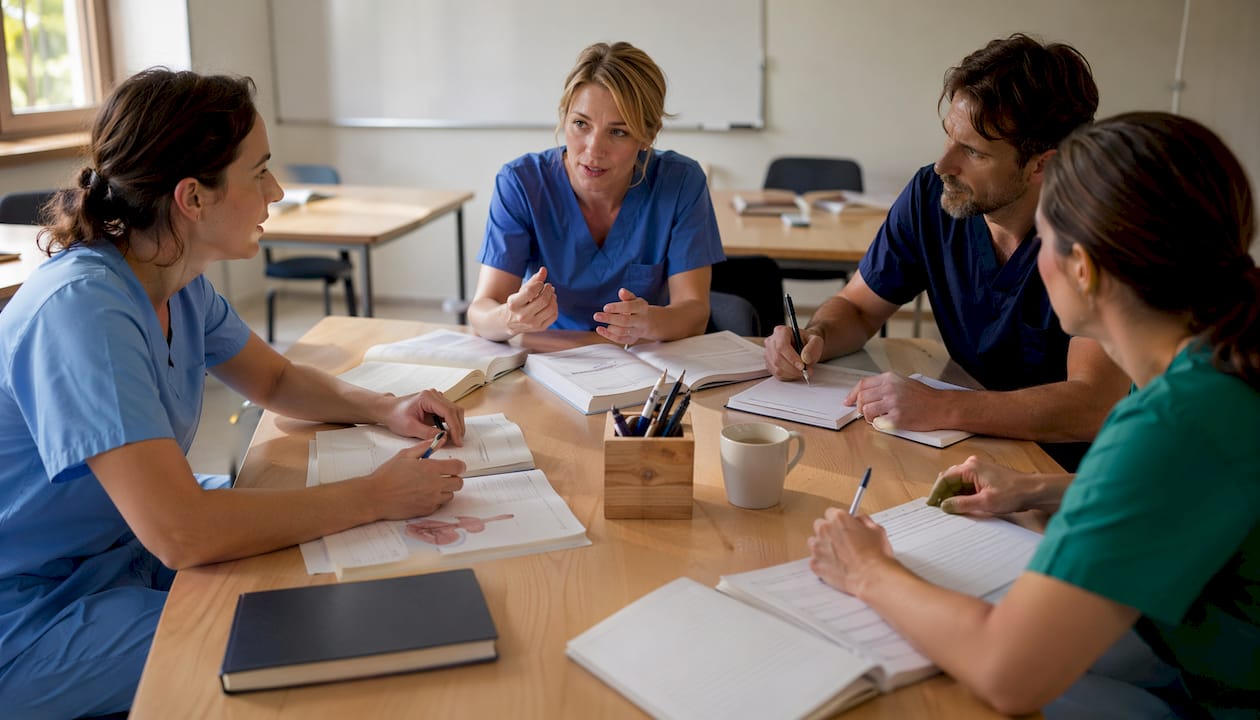 Des mains parcourent des dossiers de formation en santé, posés sur une table ronde.