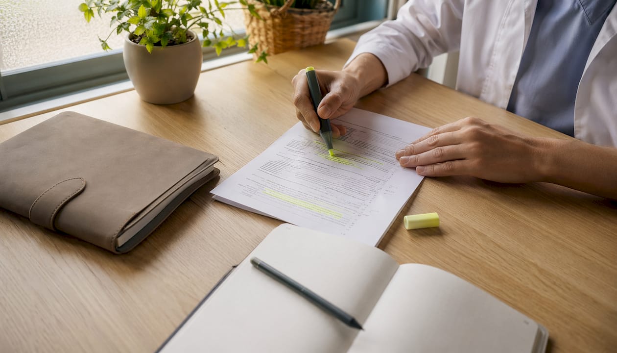 Des mains feuilletant et annotant des dossiers pour actualiser un dossier médical