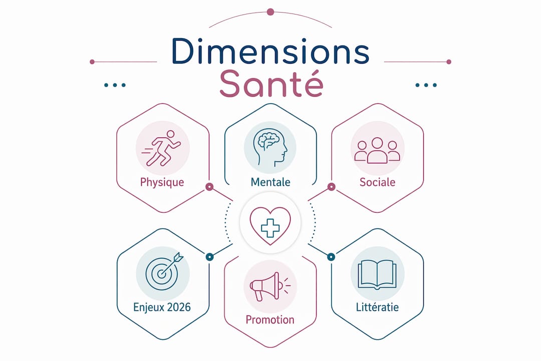 Visuel présentant les principaux aspects de la santé et les grands enjeux associés