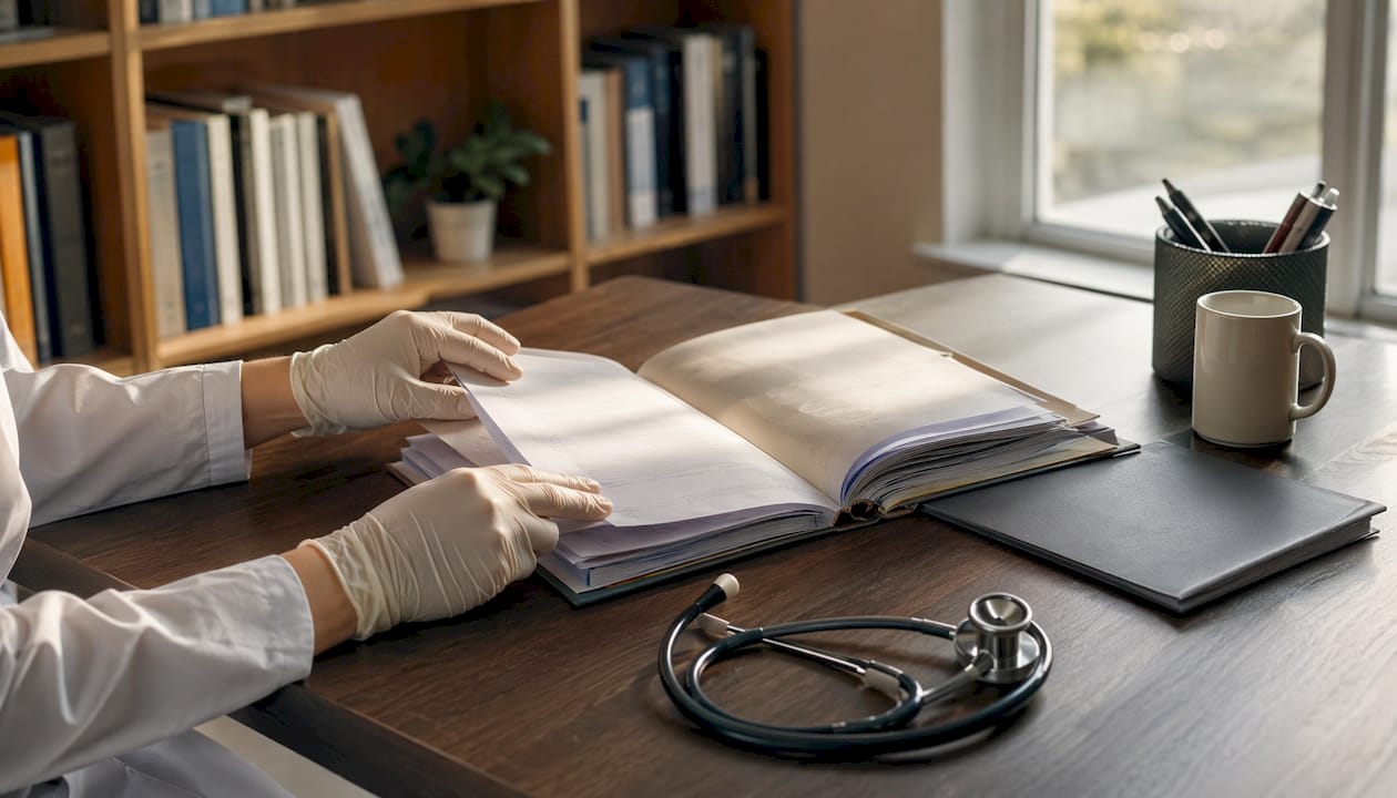 Des mains protégées par des gants feuillettent des dossiers médicaux dans un environnement de santé hybride.