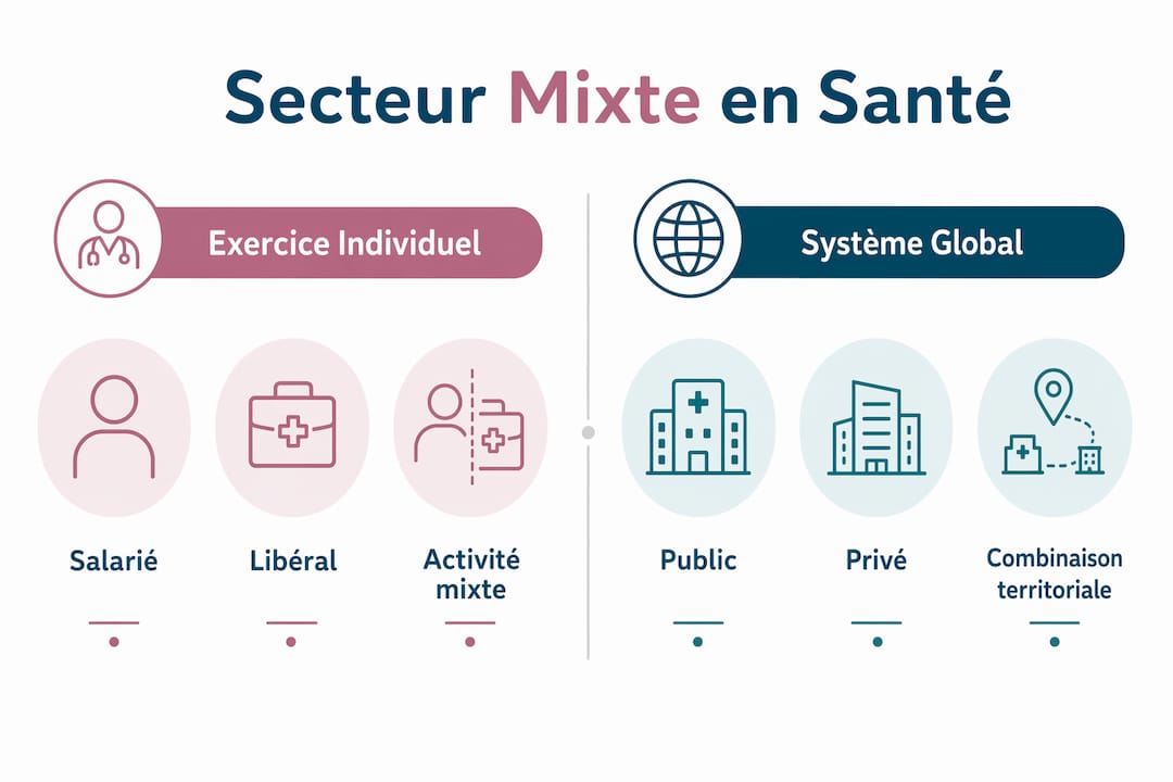 Infographie mettant en perspective les différentes définitions du secteur mixte dans le domaine de la santé