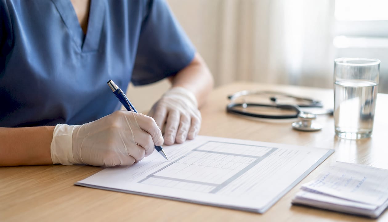 Des mains gantées en train de rédiger un plan de soins infirmiers