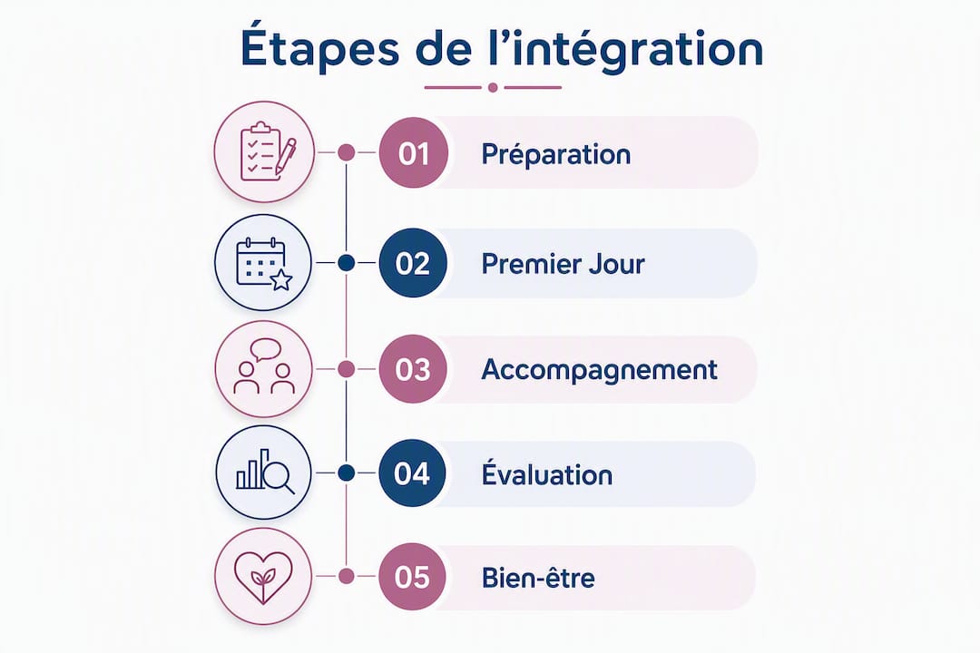 Schéma des grandes étapes du parcours d'intégration en milieu médical