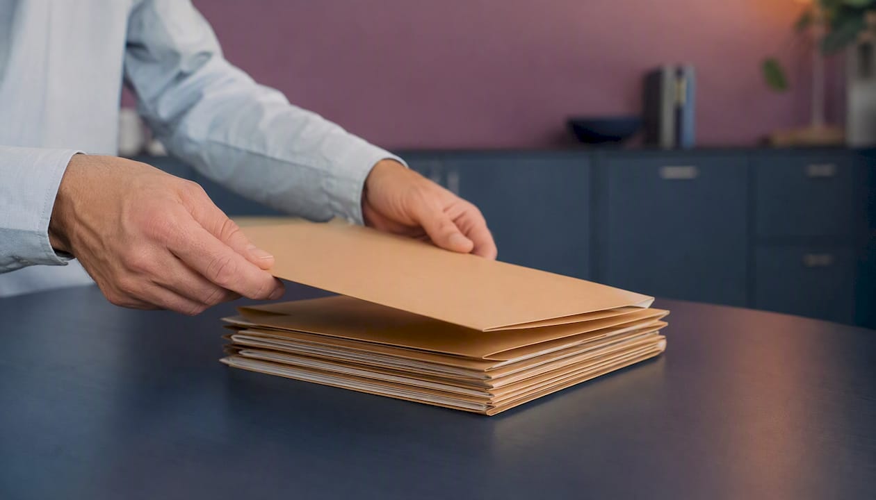 Des mains classent soigneusement des dossiers médicaux confidentiels de candidats.