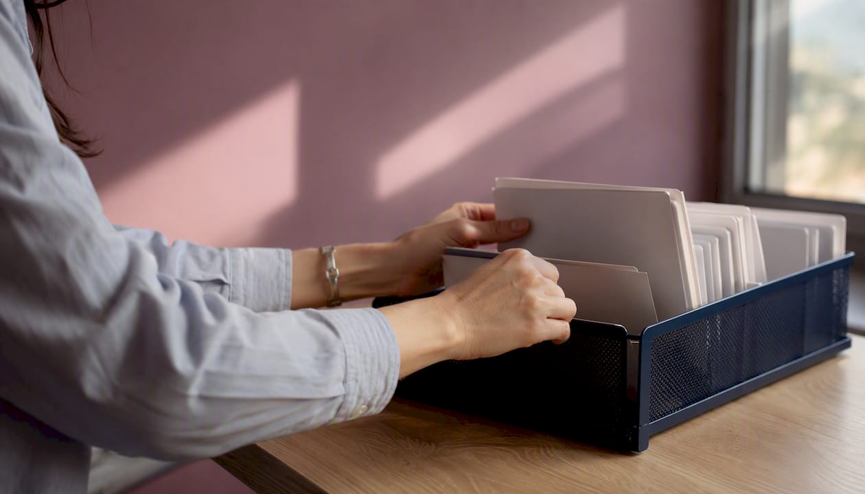 Des mains trient et classent des dossiers numériques de candidats sur le bureau.