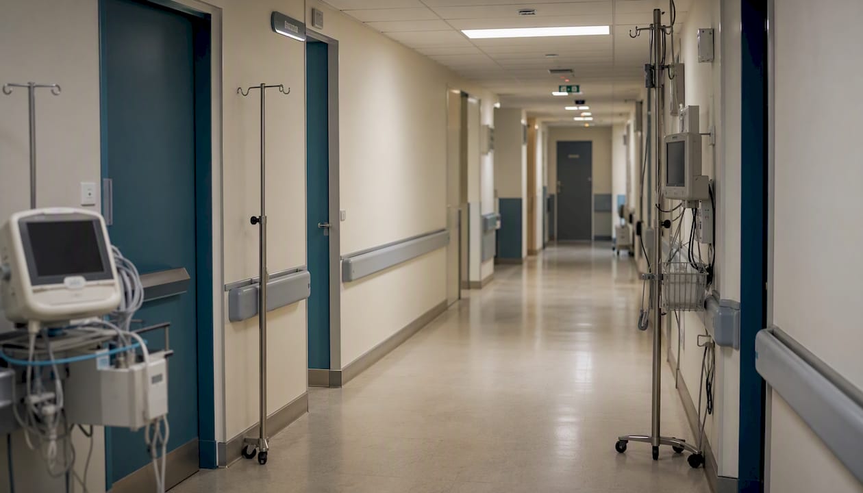 Un couloir lumineux au sein d'une clinique privée, équipé de matériel médical moderne.