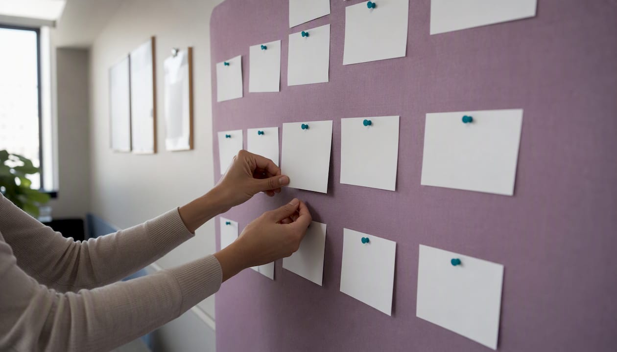 Des mains qui déplacent et organisent des fiches d'offres d'emploi