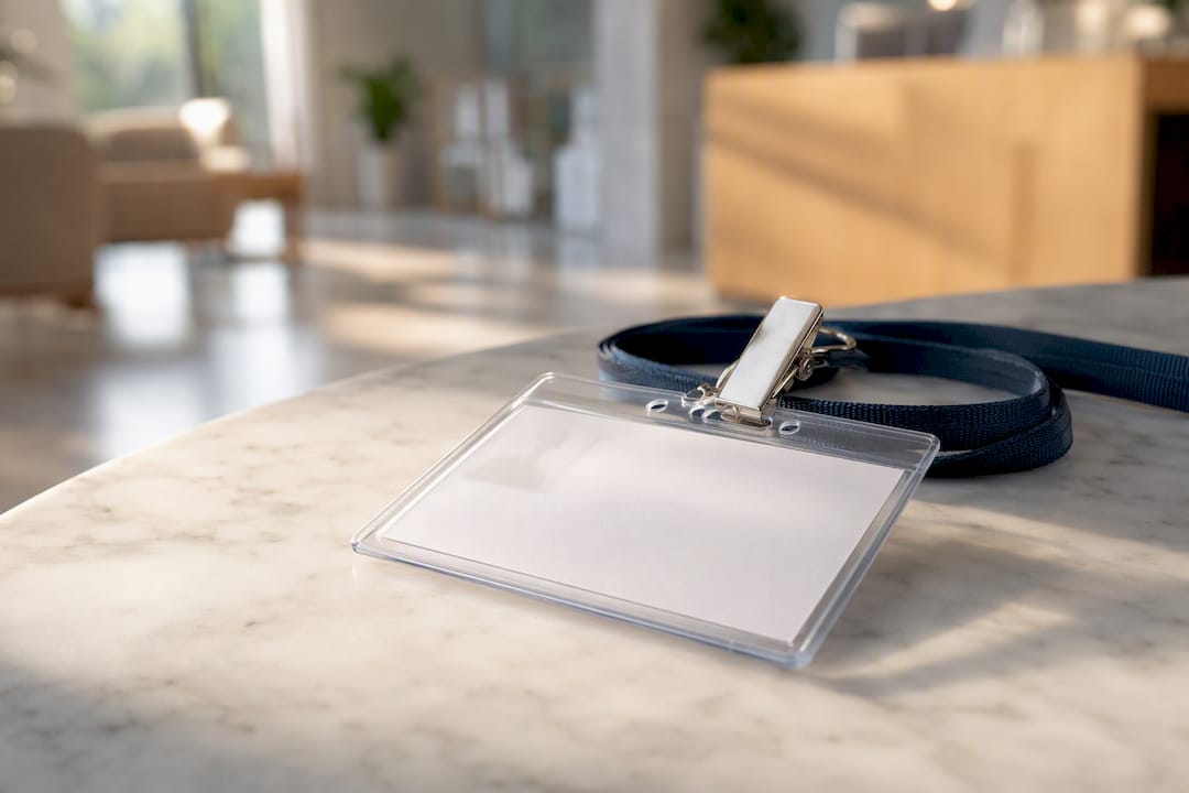 Gros plan sur un badge médical posé sur une table en bois