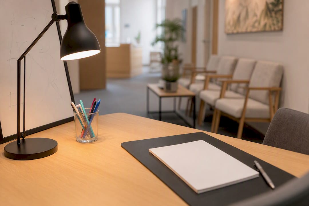 Une lampe de bureau et des accessoires de travail illustrent parfaitement la notion de clarté dans l’offre.