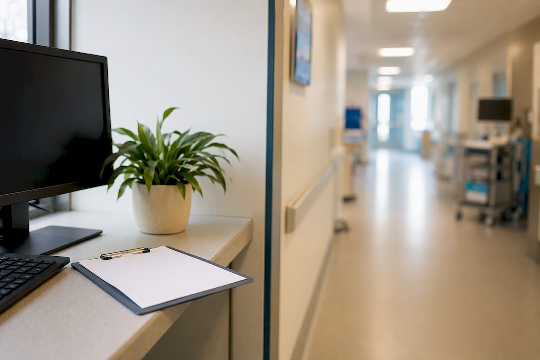Dans le couloir de l’hôpital, un espace dédié au recrutement a été aménagé.