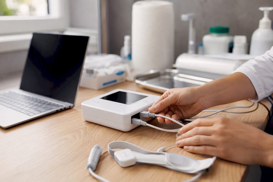 Main en train de recharger une tablette au poste infirmier