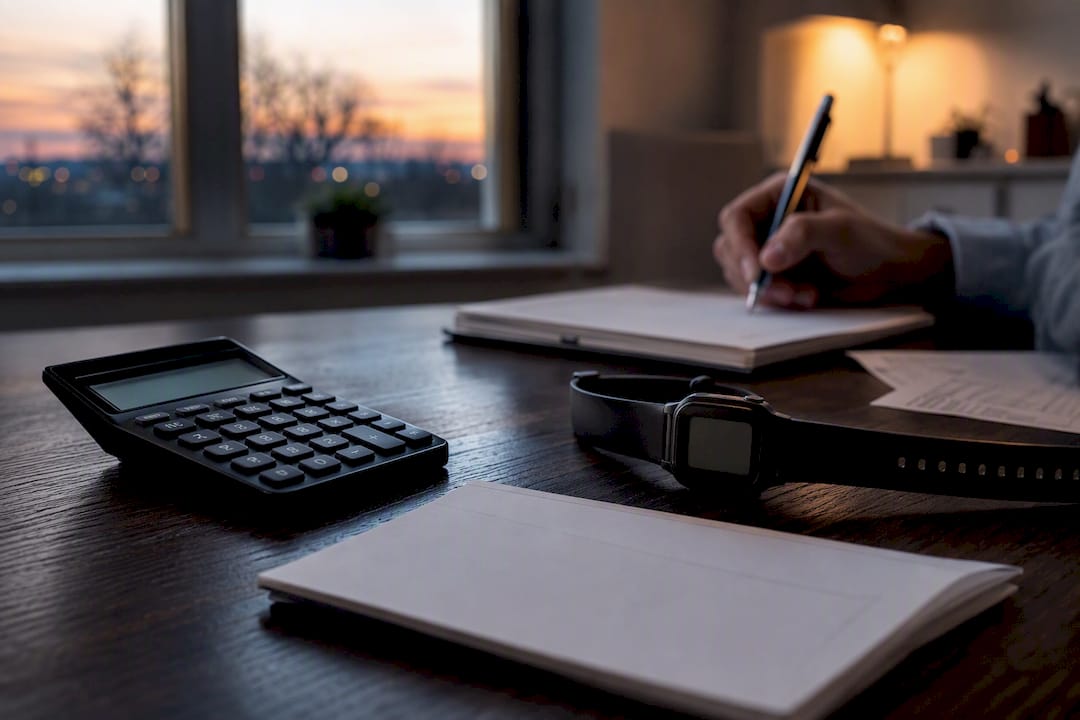Calculatrice et papiers relatifs aux indemnités sur un bureau de bureau