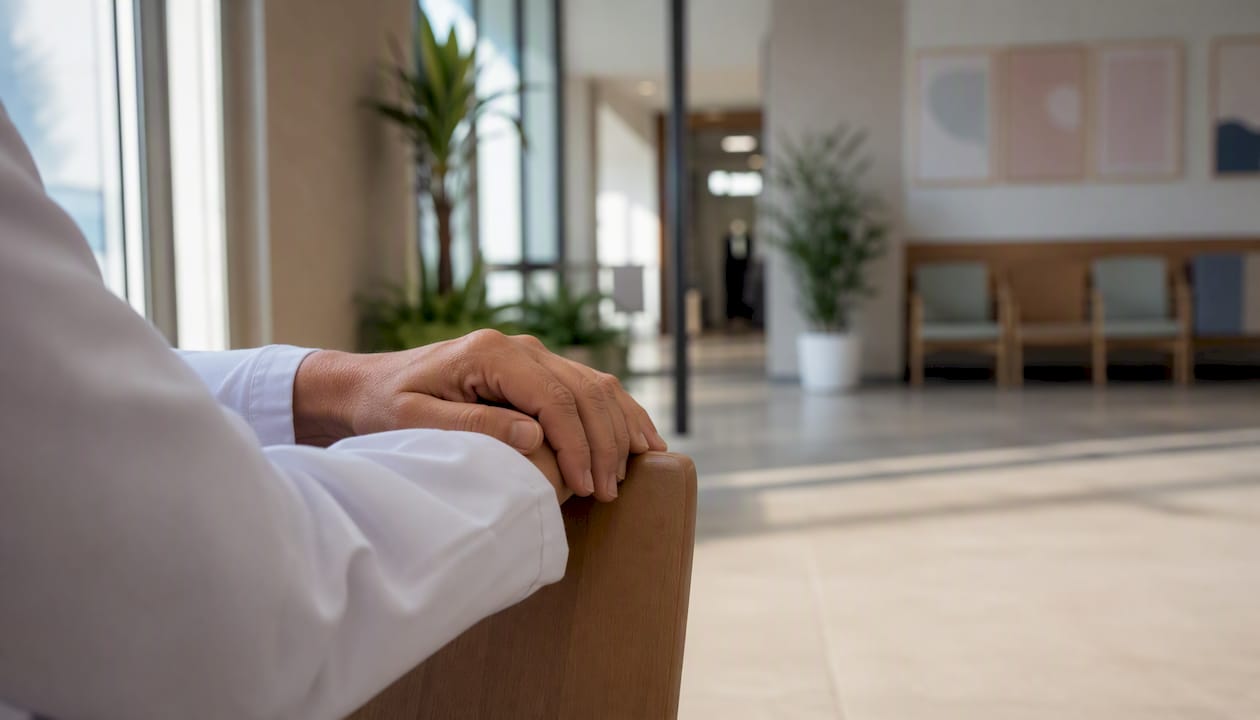 Mains reposant dans une salle d'attente médicale