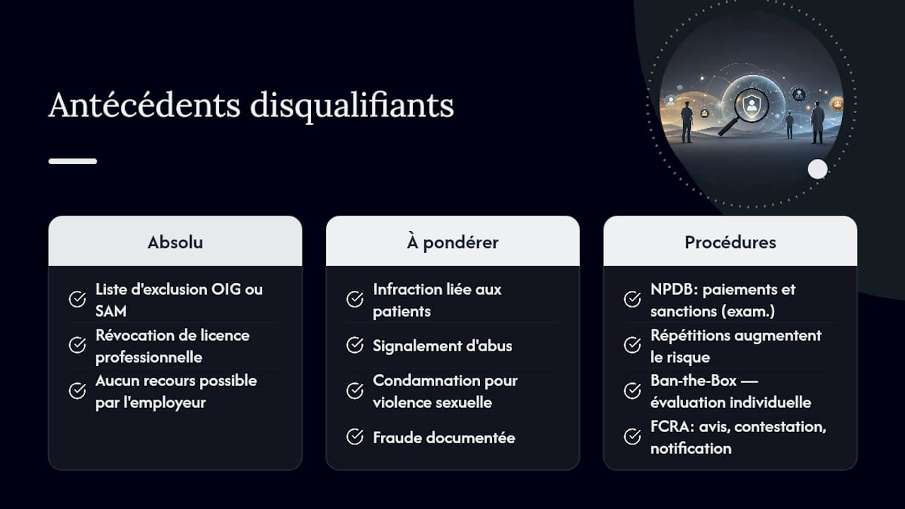 Quels antécédents disqualifient un candidat en santé ? — overview diagram