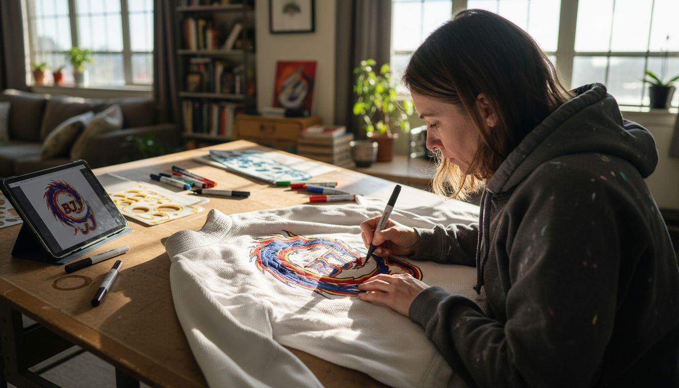 Artist drawing custom artwork on BJJ Gi