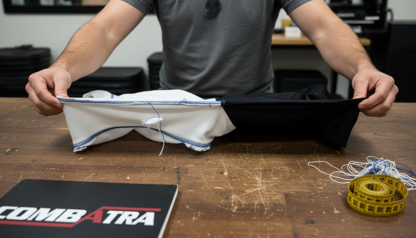 Hands stretch two types of rashguard fabric