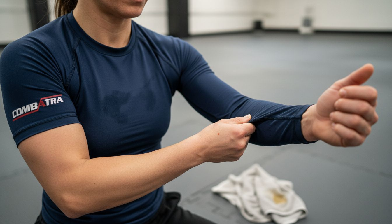Practitioner testing durability of rashguard sleeve