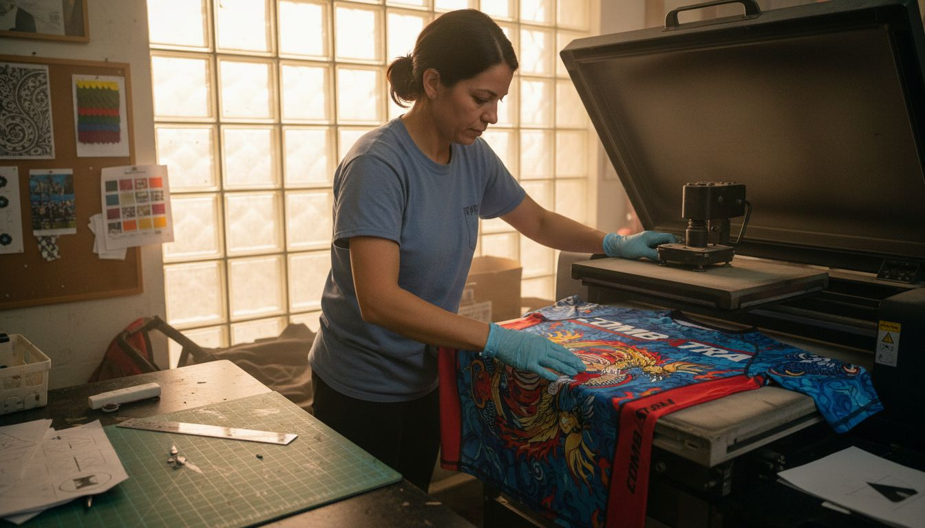 Technician demonstrates sublimation print on rashguard