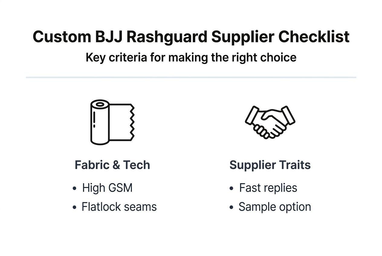 Infographic showing rashguard supplier key criteria