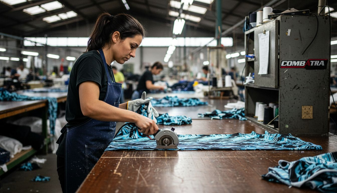 Worker cutting BJJ rashguard fabric panels