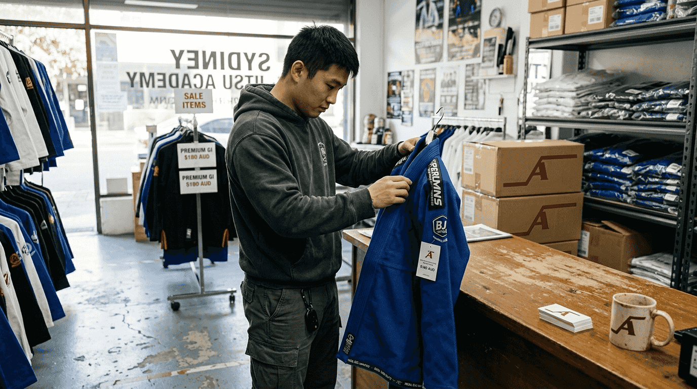 Beginner examining new BJJ gi in store