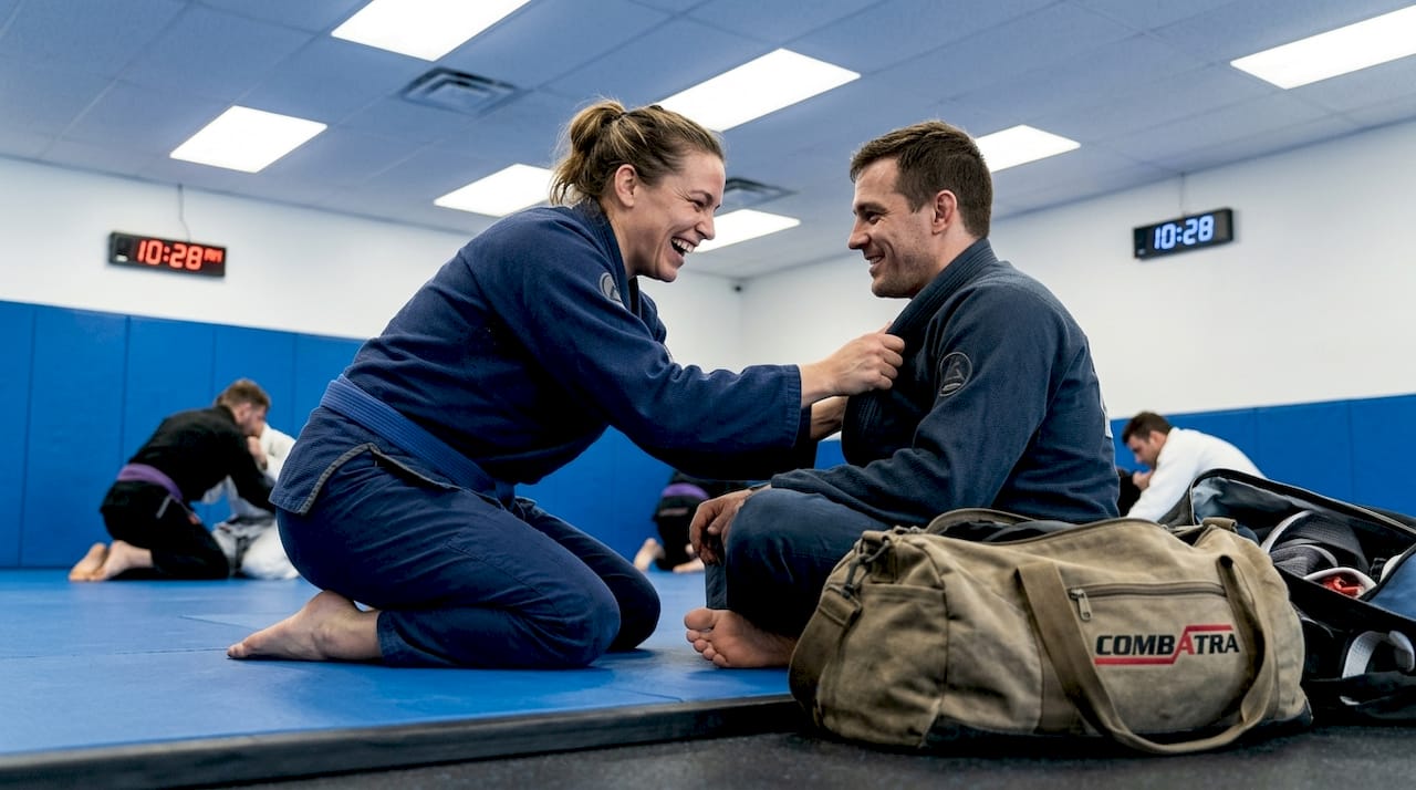 BJJ drill in lightweight gi in bright martial arts studio