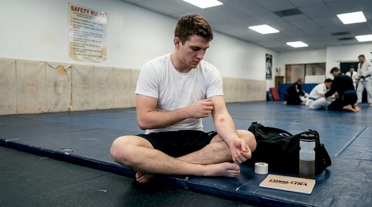 Athlete checking mat burn on forearm