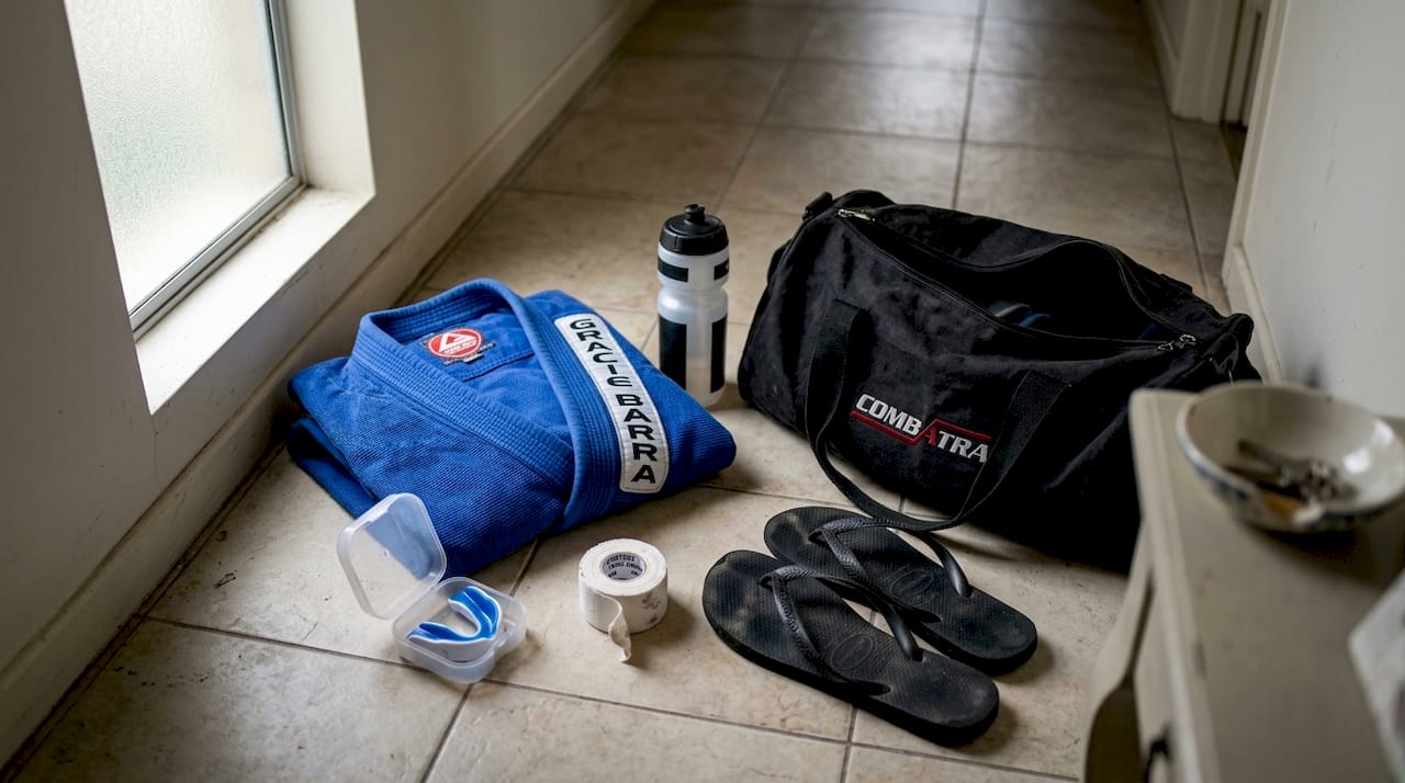Essential BJJ gear displayed on hallway table