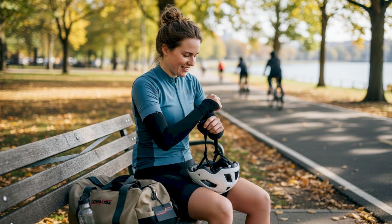 Cyclist removing UPF arm sleeves resting