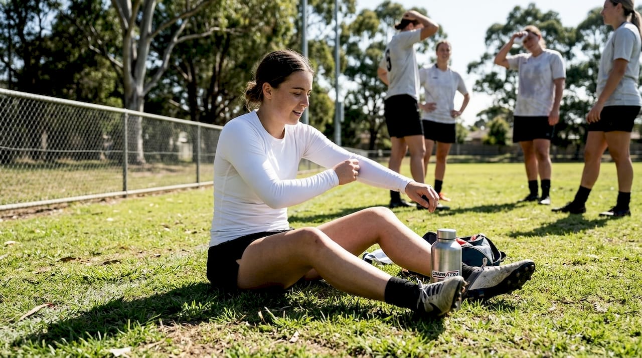 Woman adjusting white rashguard after outdoor training