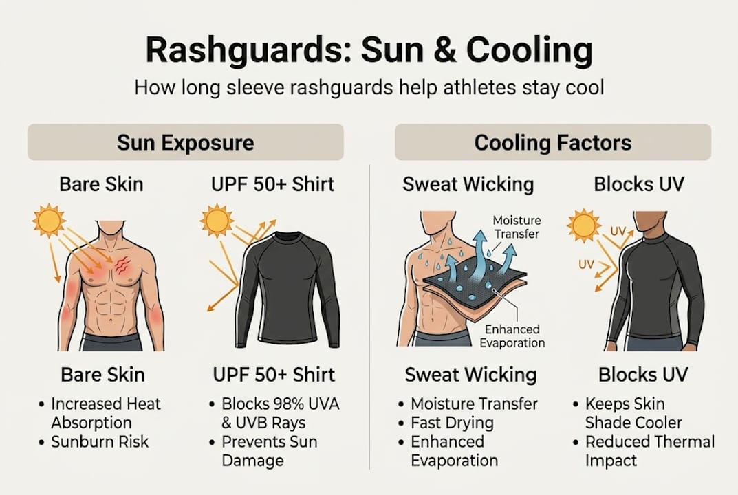 Infographic showing rashguards cooling and sun protection