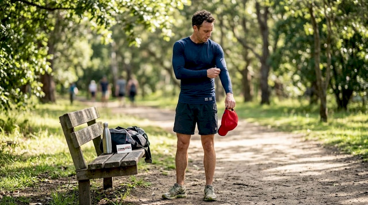 Athlete adjusting UPF shirt in sunlit park