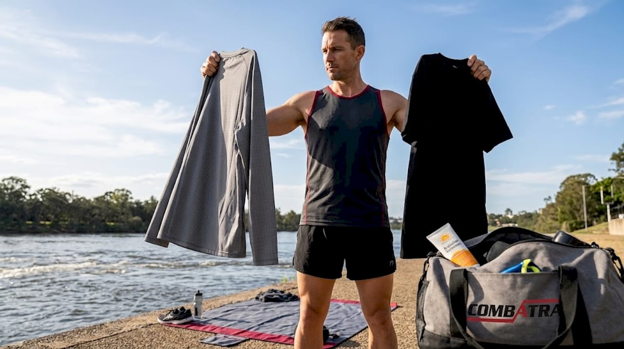 Athlete comparing UV shirt and regular tee outdoors