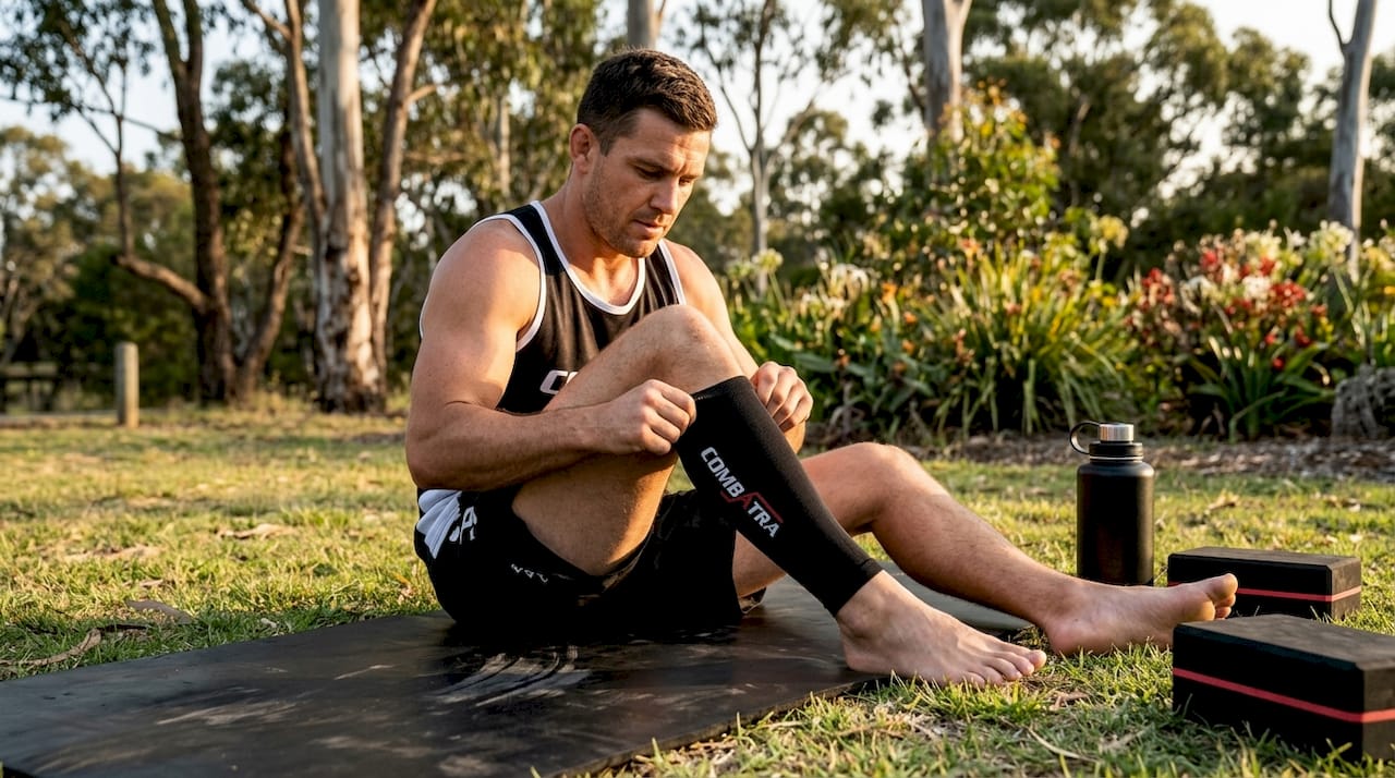 Athlete adjusting custom compression sleeve on calf