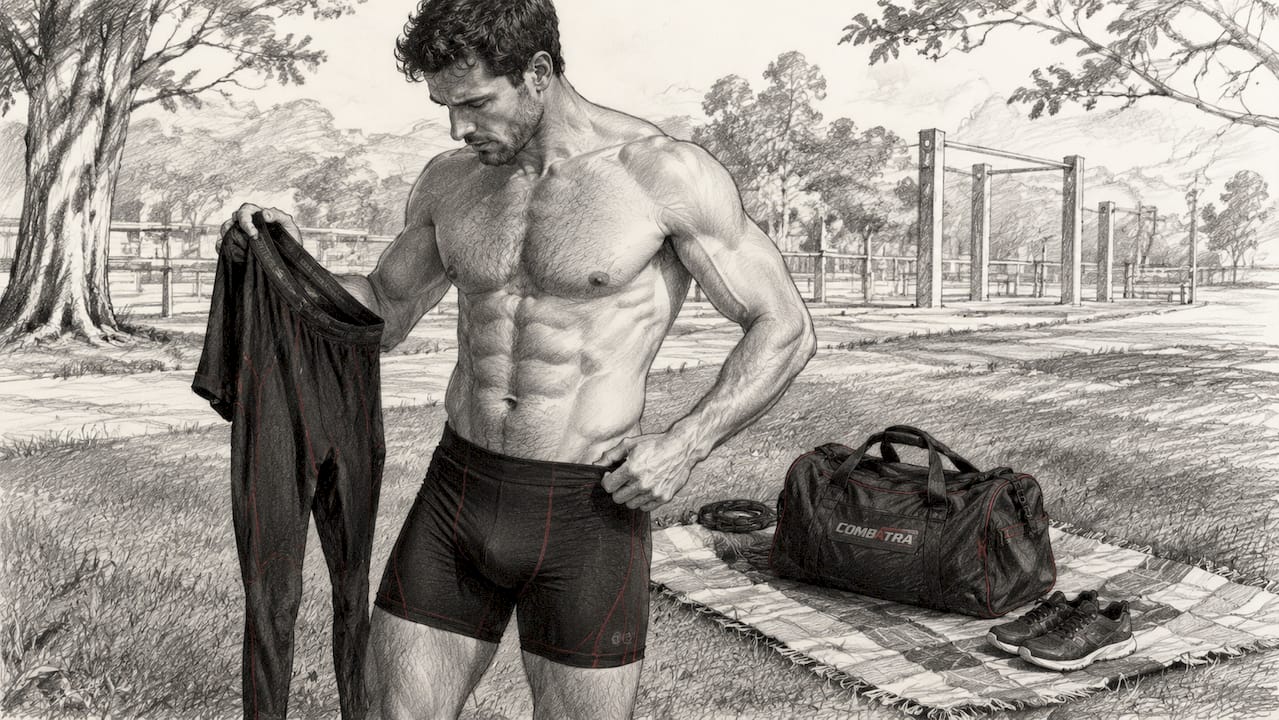 Athlete comparing compression shorts and pants indoors