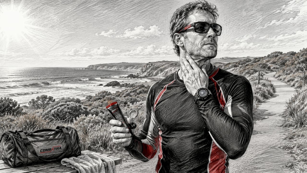 Man applying sunscreen outdoors on winter morning