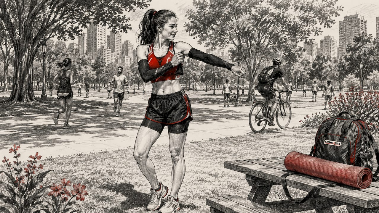 Runner putting on compression arm sleeves outdoors
